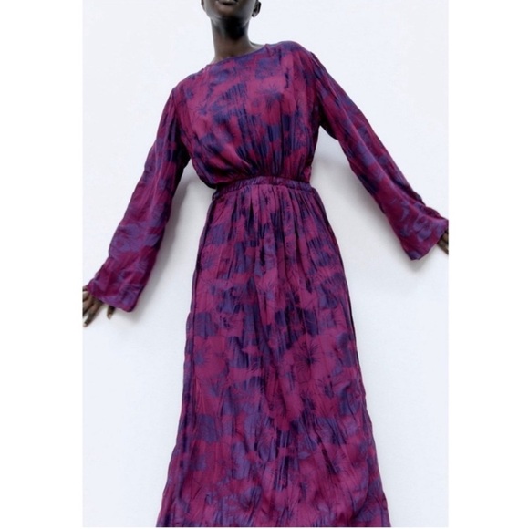 ZARA Wrinkled Jacquard Floral Midi Dress Dark Maroon Cut Out Sz M-L - Picture 3 of 13